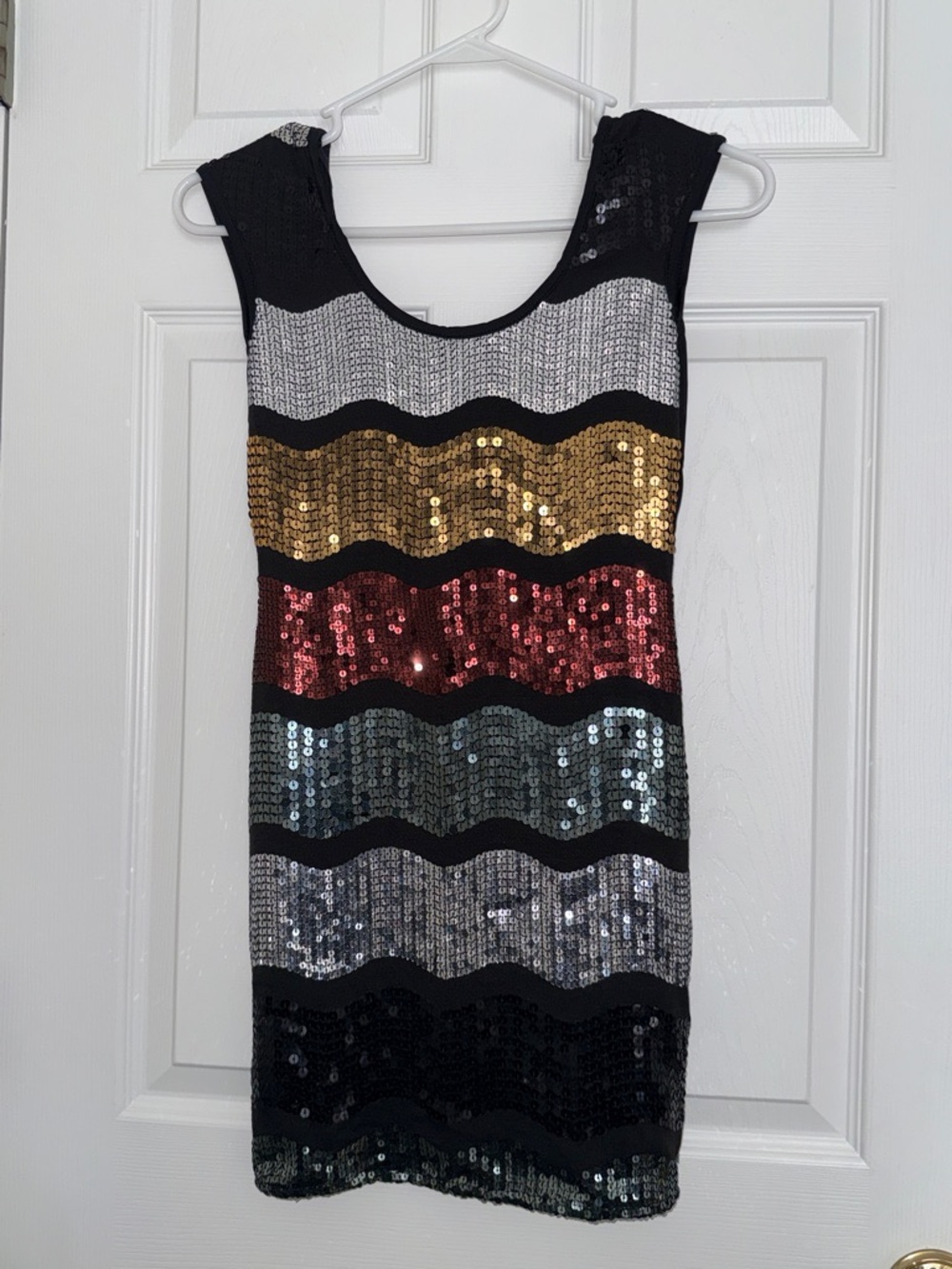 easel Black Mini Dress with Gold, Red & Silver Sequin Waves